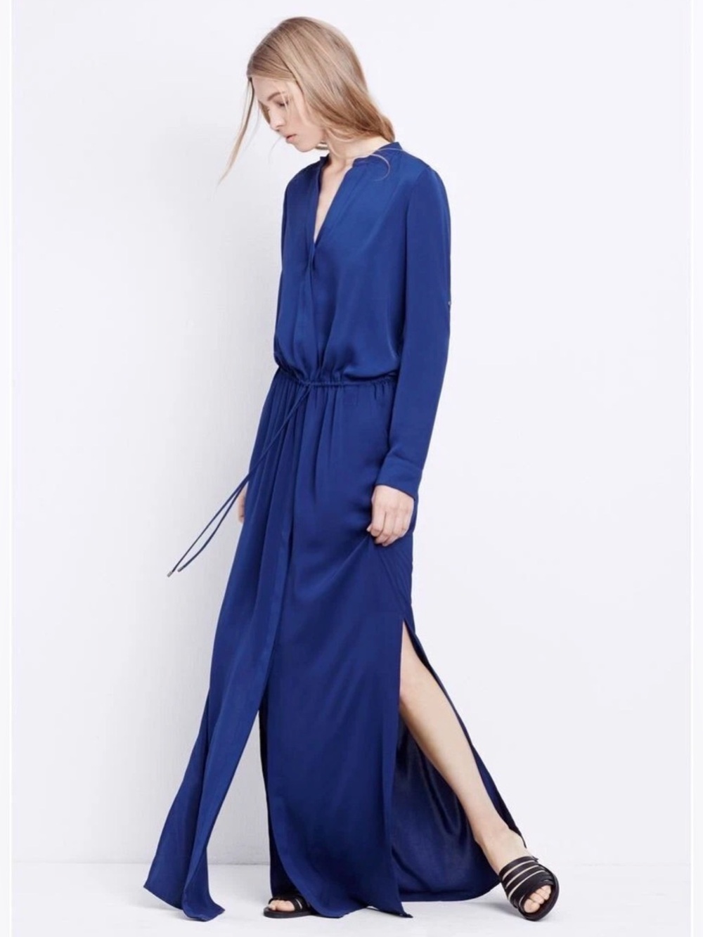 Vince Maxi Dress Drapey Long Sleeve Roll Tab Drawstring Waist Side Splits Sexy S